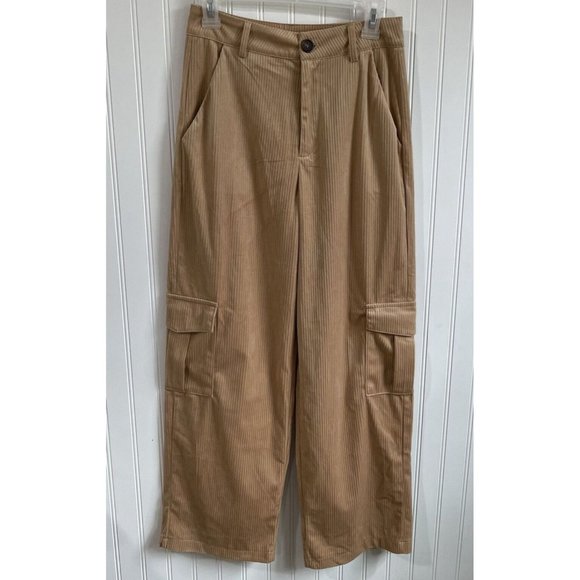 Shein Pants Womens Small 4 Tan Corduroy Wide Leg Cargo Pockets High Rise‎ - Picture 1 of 13